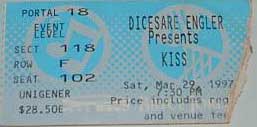 Ticket from University Park, PA, USA 29 March 1997 show