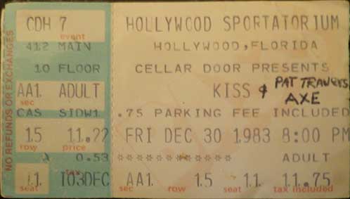 Ticket from Kiss Pembroke Pines (Hollywood), FL, USA 30 December 1983 show