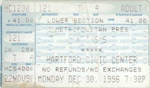 Ticket from Hartford, CT, USA 30 December 1996 show