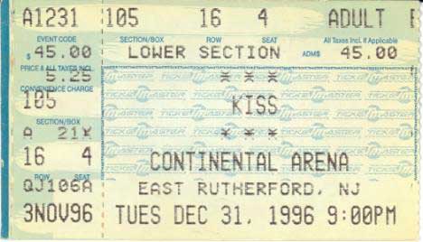 Ticket from East Rutherford, NJ, USA 31 December 1996 show