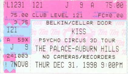 Ticket from Auburn Hills (Detroit), MI, USA 31 December 1998 show