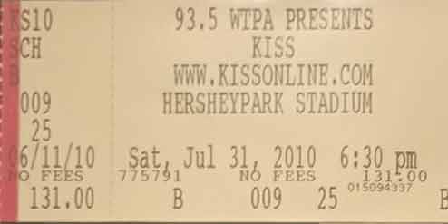 Ticket from Hershey, PA, USA 31 July 2010 show