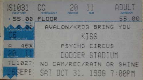 Ticket from Los Angeles, CA, USA 31 October 1998 show