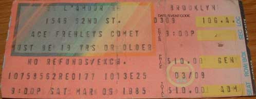 Ticket from Ace Frehley New York, USA 09 March 1985 show