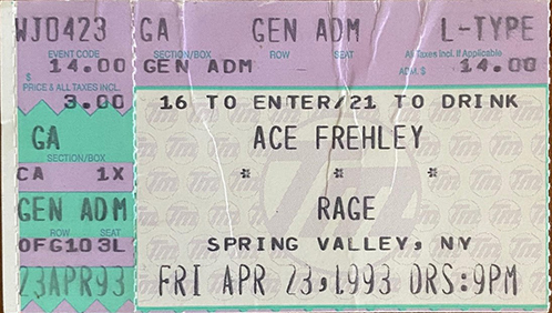 Ticket from Ace Frehley Spring Valley, NY, USA 23 April 1993 show