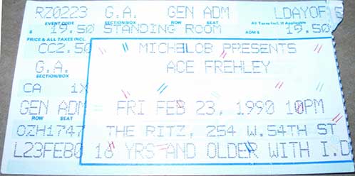 Ticket from Ace Frehley New York, NY, USA 23 February 1990 show