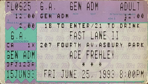 Ticket from Ace Frehley Asbury Park, NJ, USA 25 June 1993 show