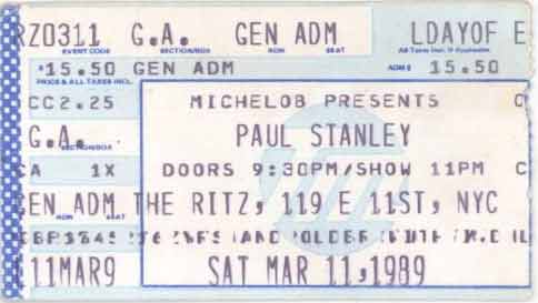 Ticket from Paul Stanley New York, NY, USA 11 March 1989 show