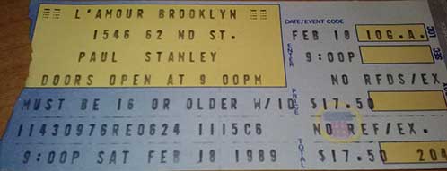 Ticket from Paul Stanley Solo New York, NY, USA 18 February 1989 show