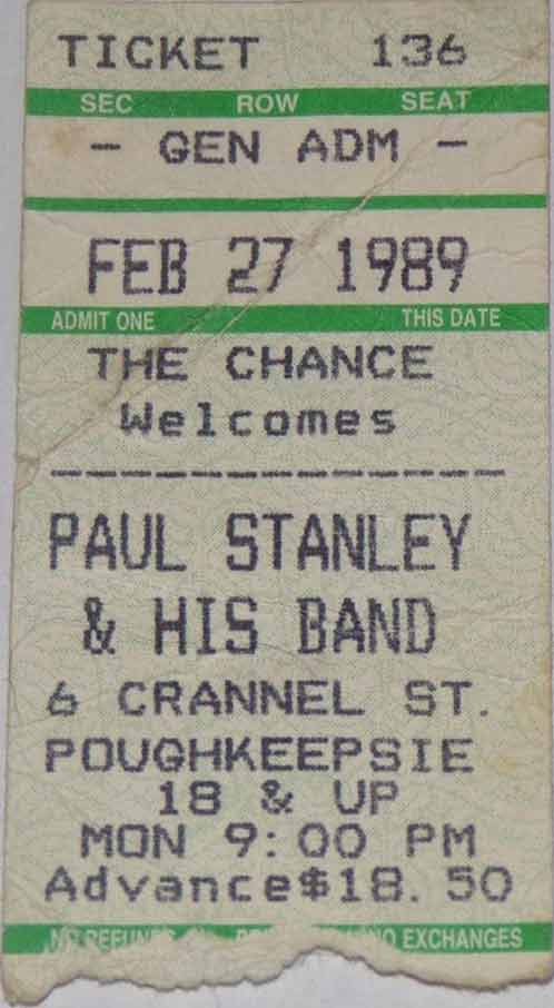 Ticket from Paul Stanley Solo Poughkeepsie, NY, USA 27 February 1989 show