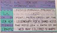 Ticket from Peter Criss New York, NY, USA 13 May 1992 show
